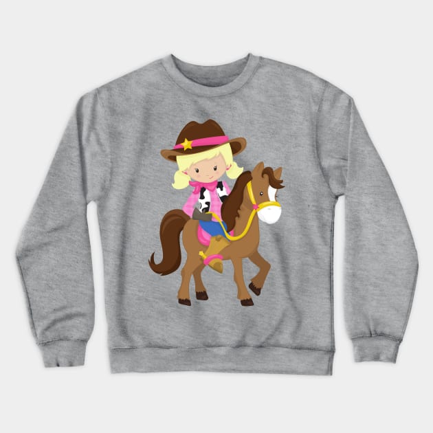 Cowgirl, Sheriff, Horse, Western, Blonde Hair Crewneck Sweatshirt by Jelena Dunčević